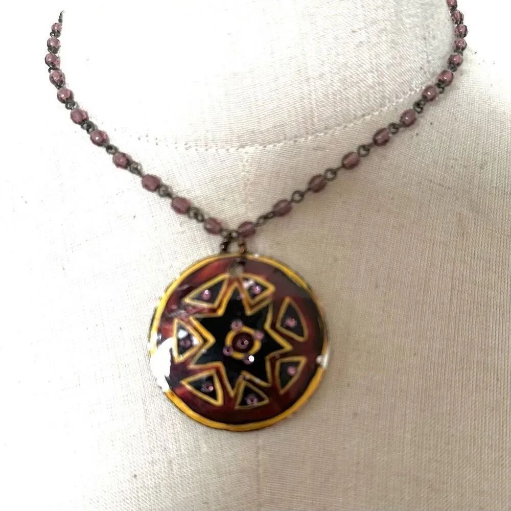 NW Signed Star Enamel abalone Pendant Necklace Maroon Rhinestones